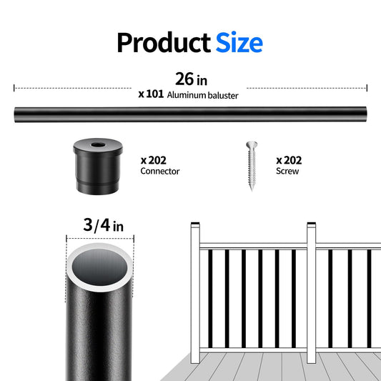 101 Pack 26" x 3/4" Black Round Aluminum Balusters M579398
