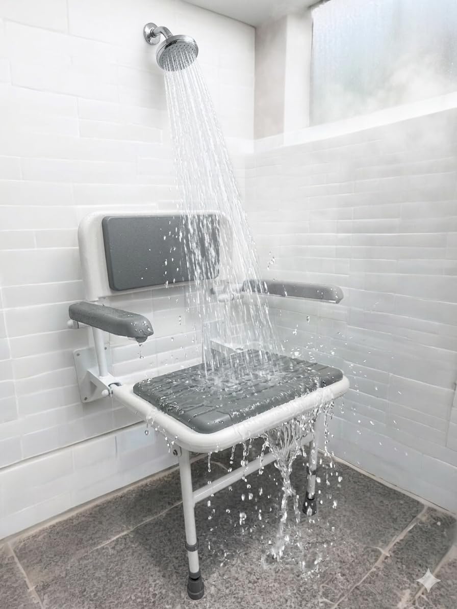 Wall Mounted Foldable Shower Seat with Folding Padded Arms, Back & Seat, Adjustable Height N211589
