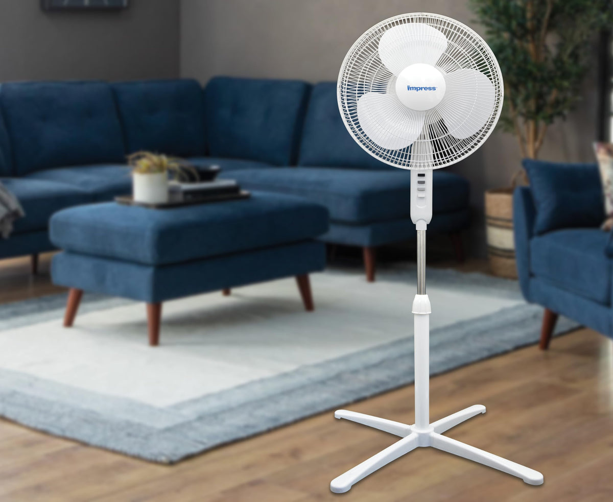 16-Inch Oscillating Stand Fan, 3-Speeds, Adjustable Height, White F28512