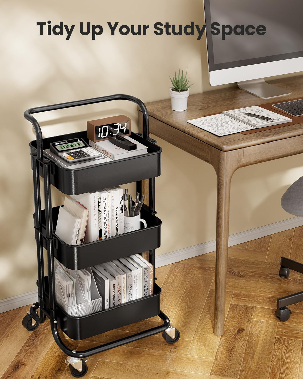 3 Tier Rolling Cart with Handle & 2 Lockable Wheels I771