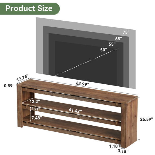 63" Solid Wood 3-Tier TV Stand A9214
