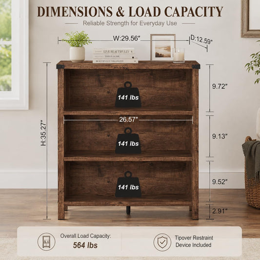 Rustic Oak 3 Shelf Wood Bookshelf V617034