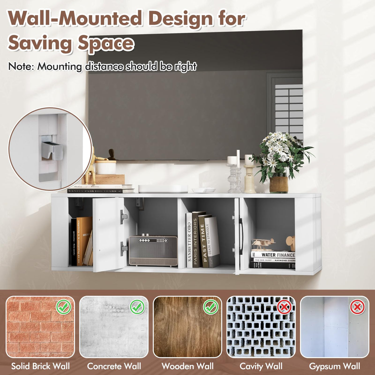 Wall Mounted Storage Cabinet, 2 Cube Floating Desk with Doors, White M706