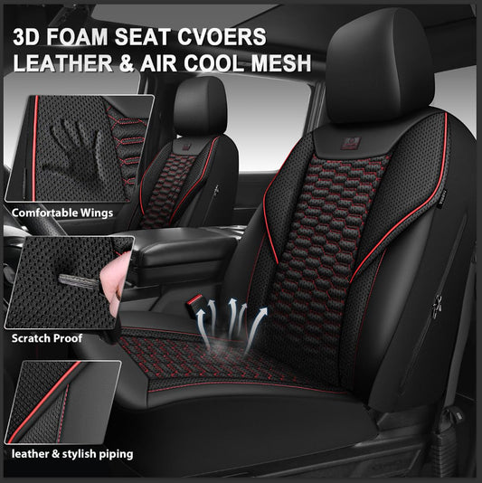3D Foam Mesh Faux Leather Car Seat Covers Full Set, Black and Red R360592