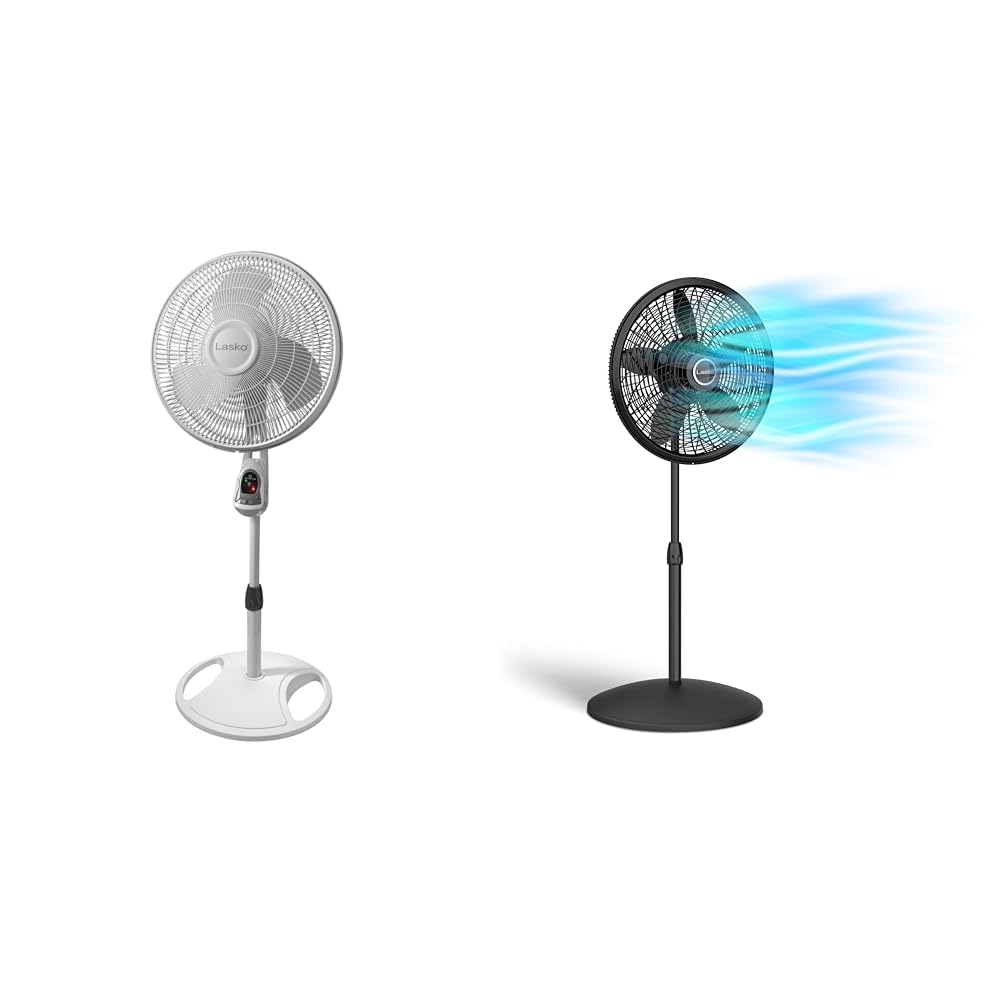 16" White Oscillating Pedestal Fan with Remote and 18" Black Adjustable Pedestal Fan I342122