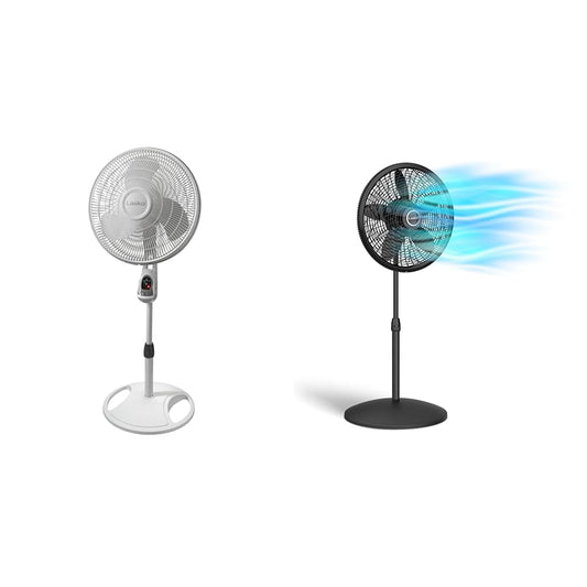 16" White Oscillating Pedestal Fan with Remote and 18" Black Adjustable Pedestal Fan I342122