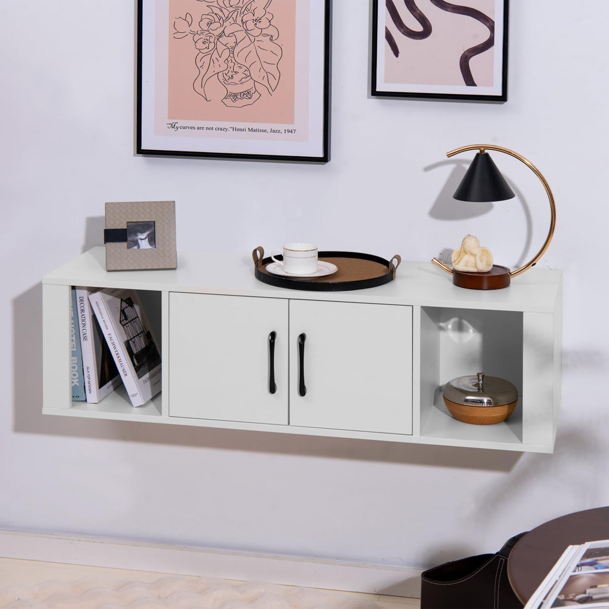 Wall Mounted Storage Cabinet, 2 Cube Floating Desk with Doors, White M706