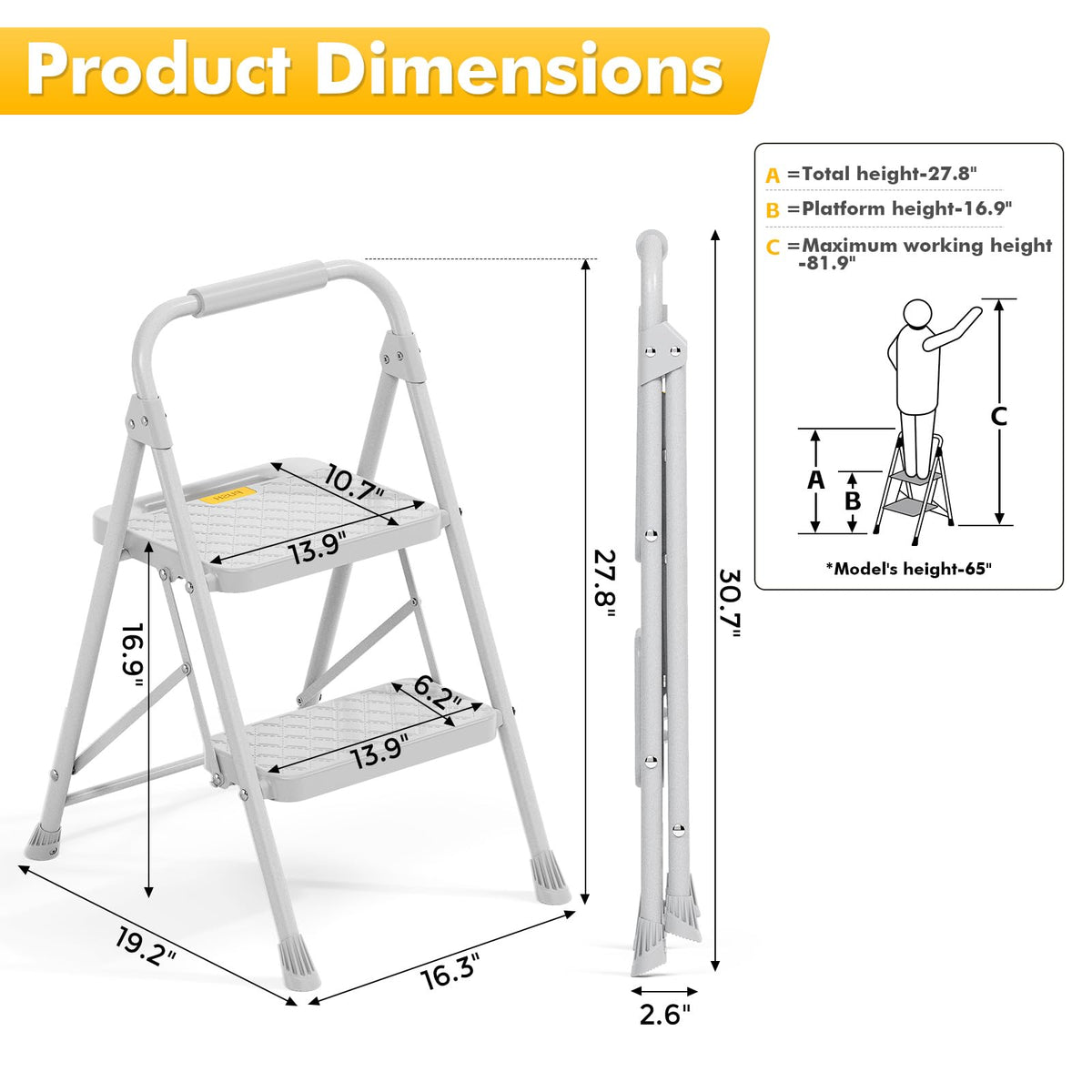 2 Step Folding Steel Ladder with Handrails W250