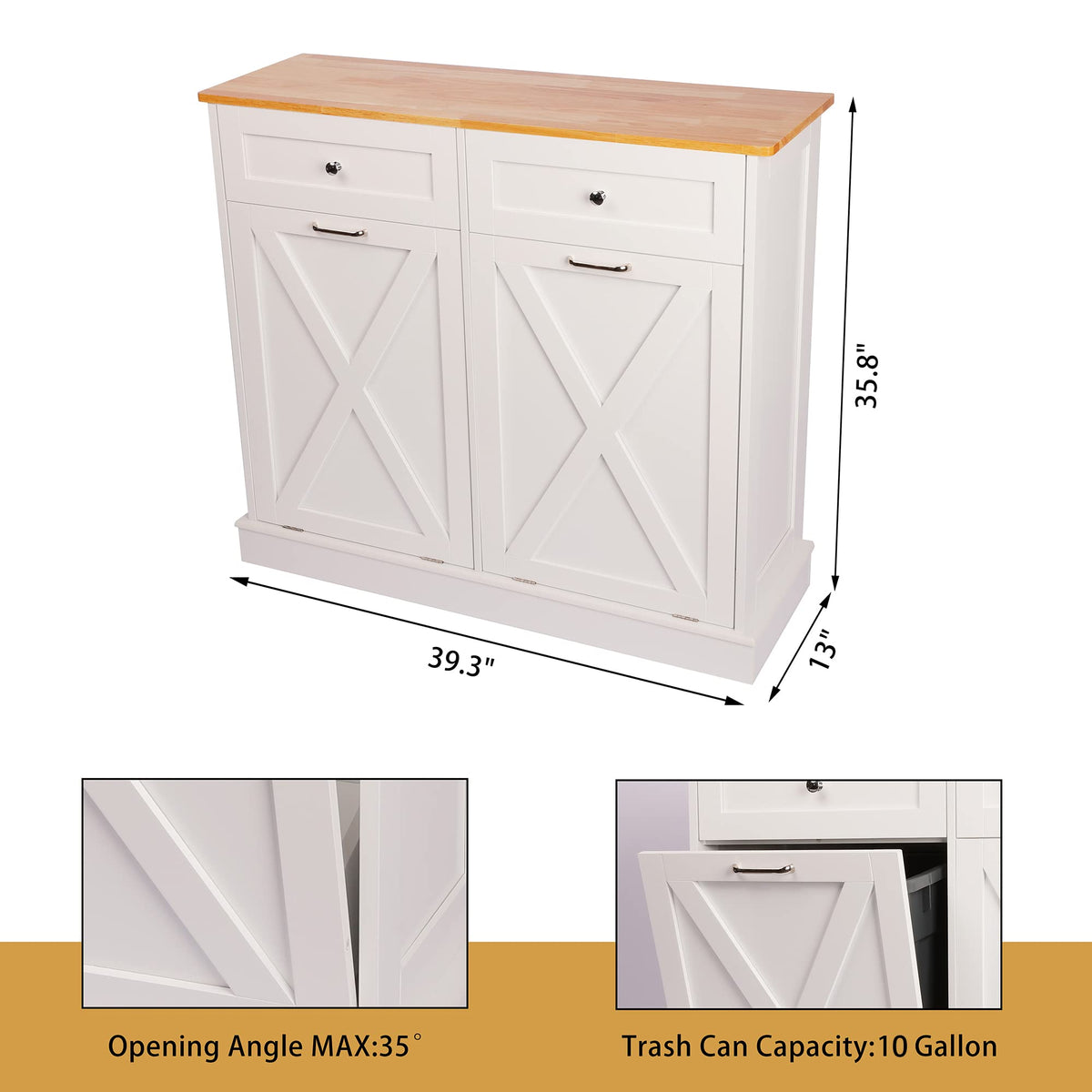 White 2 x 10 Gallon Wooden Tilt Out Trash Can Cabinet X20734
