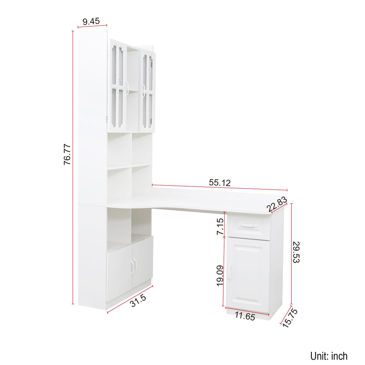 White L Shaped Corner Computer Desk with Bookshelf and Drawer K565