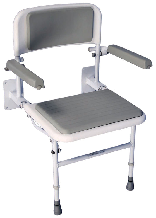 Wall Mounted Foldable Shower Seat with Folding Padded Arms, Back & Seat, Adjustable Height N211589