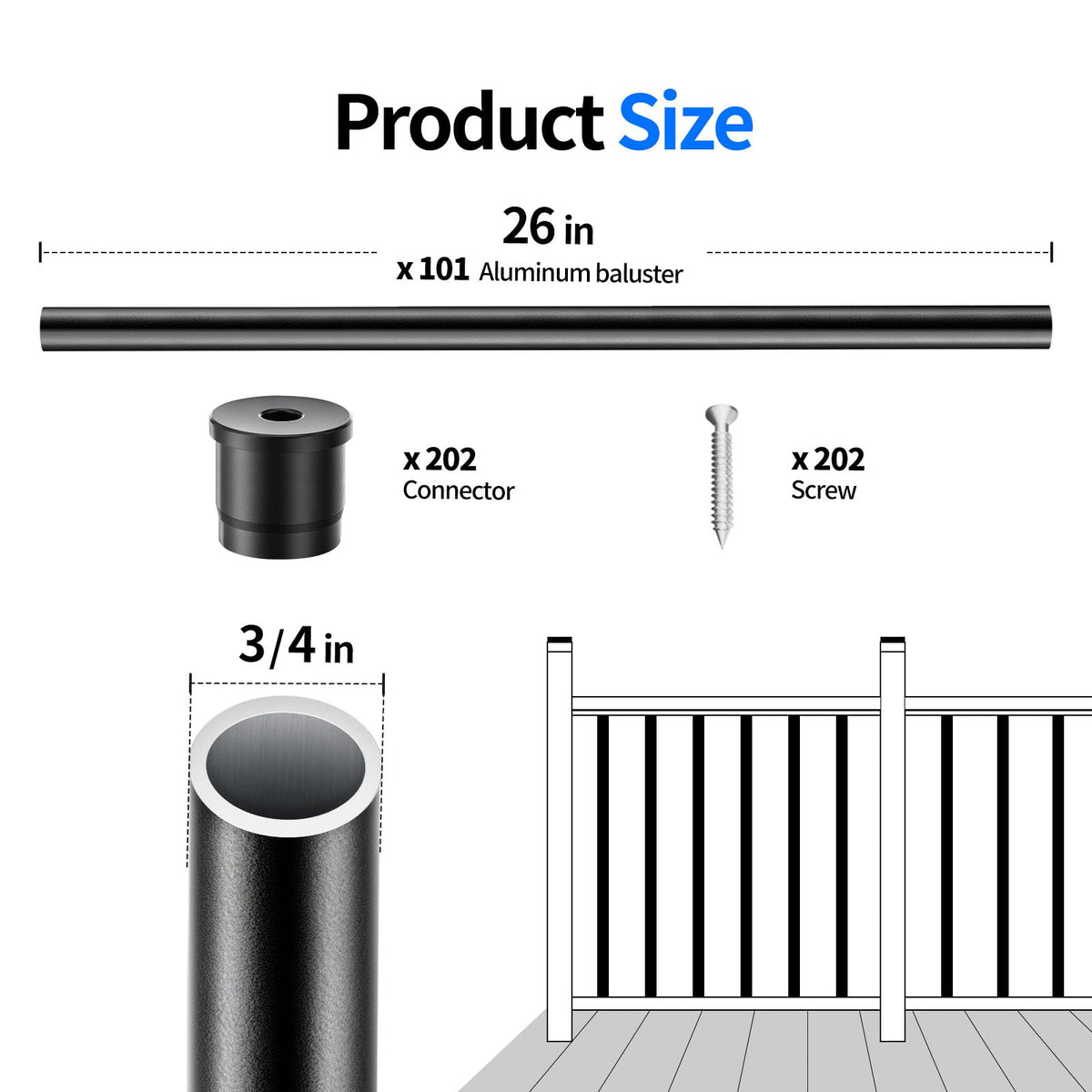 101 Pack 26" x 3/4" Black Round Aluminum Balusters M579398