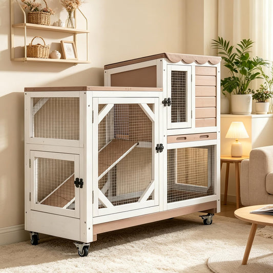 2 Story Wood Rabbit Hutch with Wheels D858
