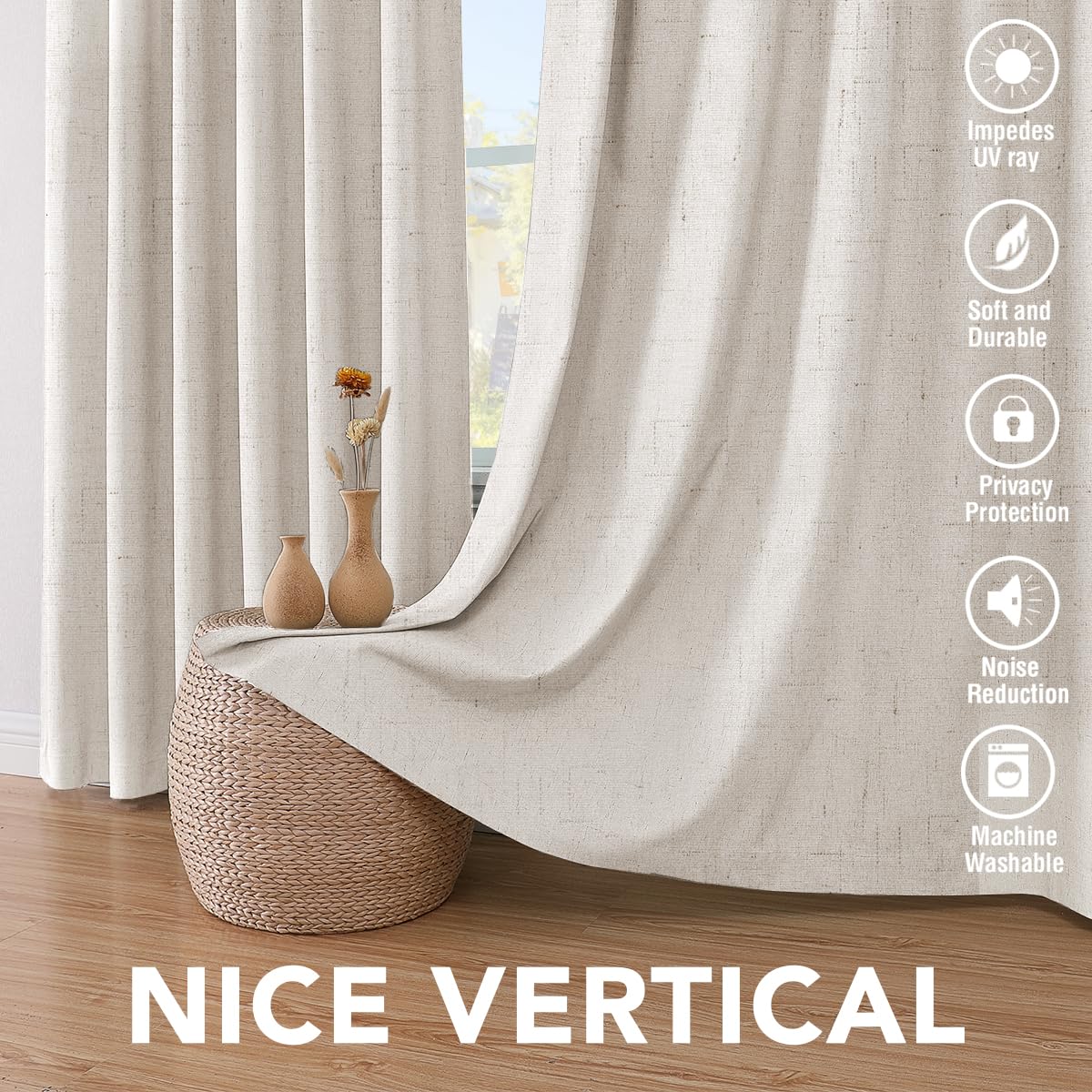 100% Blackout Linen Curtains 84" L 2 Panels Ivory F31438
