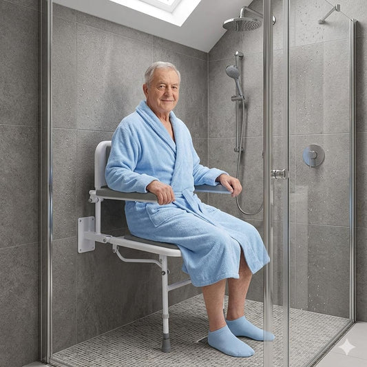 Wall Mounted Foldable Shower Seat with Folding Padded Arms, Back & Seat, Adjustable Height N211589