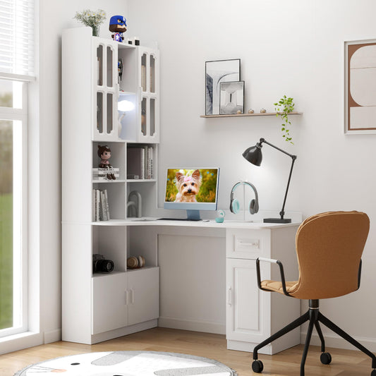 White L Shaped Corner Computer Desk with Bookshelf and Drawer K565