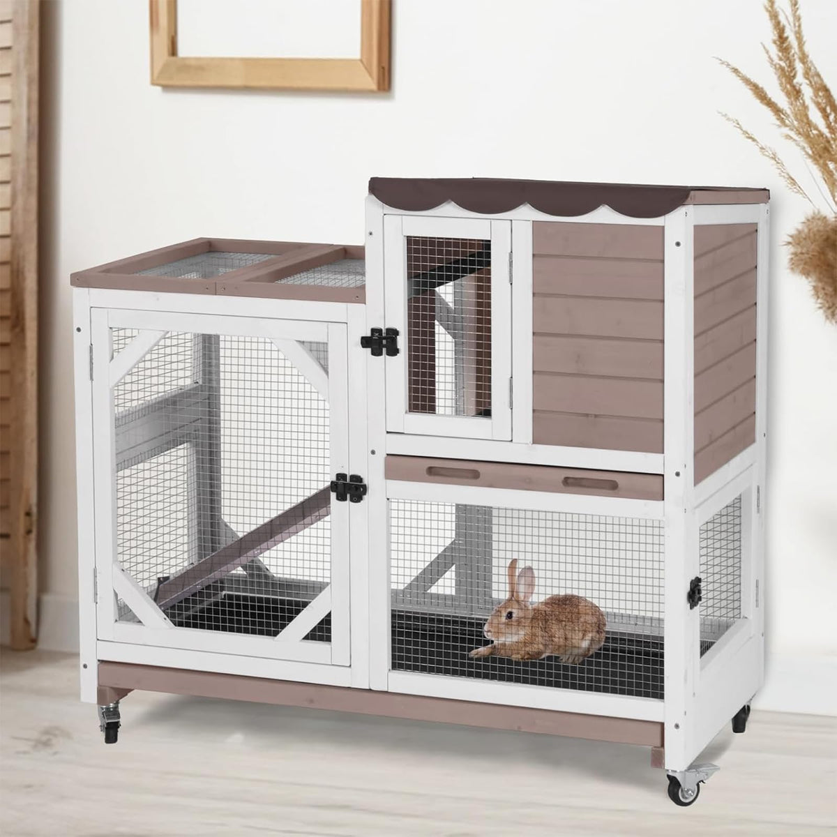 2 Story Wood Rabbit Hutch with Wheels D858
