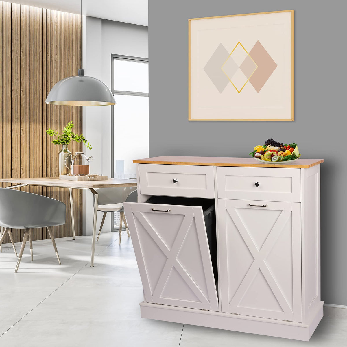 White 2 x 10 Gallon Wooden Tilt Out Trash Can Cabinet X20734