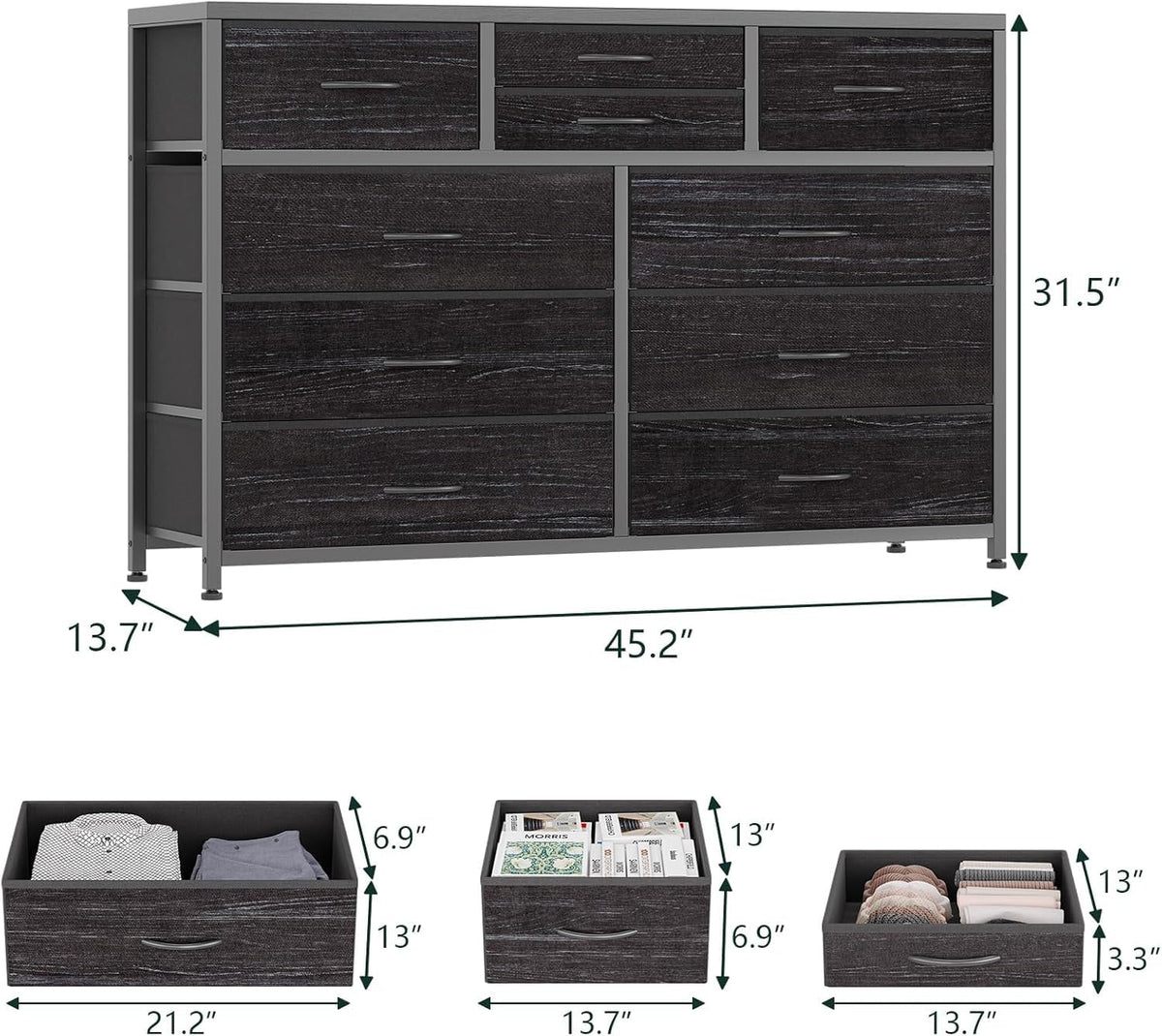 10 Drawer Fabric Dresser with Wood Top R4838