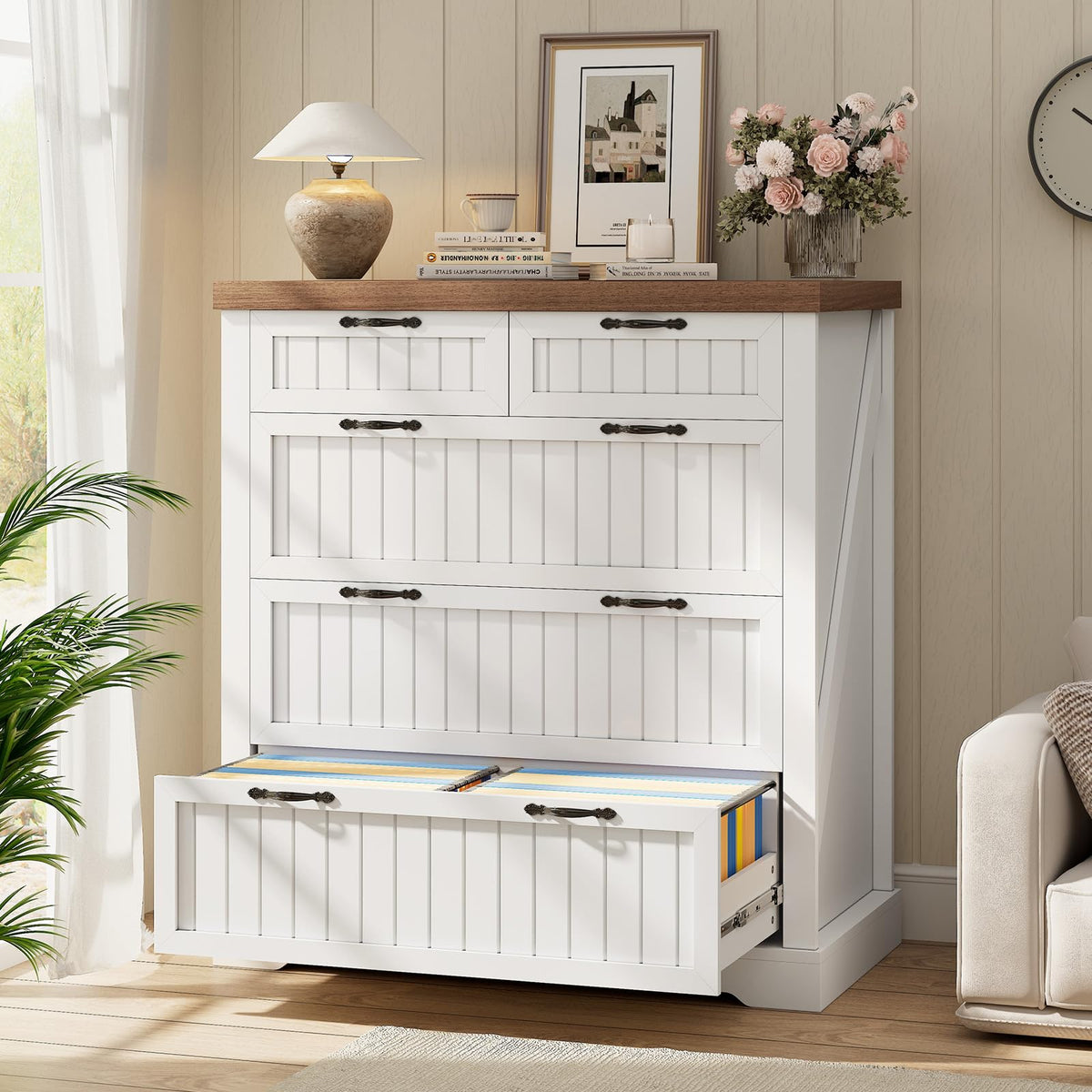 White and Brown 5 Drawer Wood File Cabinet R17713