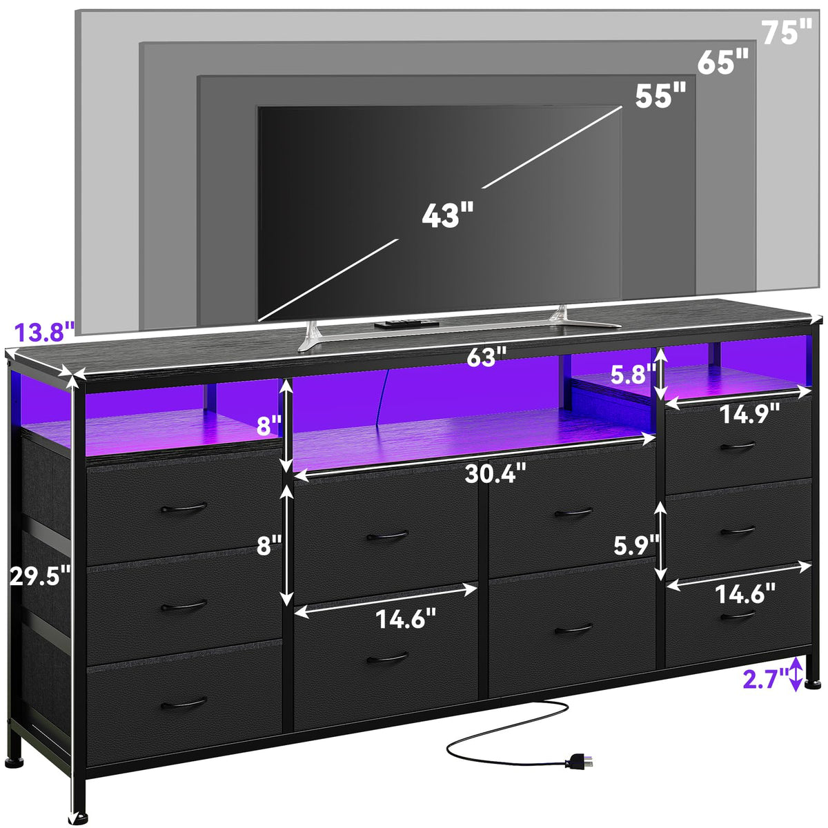 10 Drawer Dresser TV Stand with LED Lights and Power Outlets Y90982
