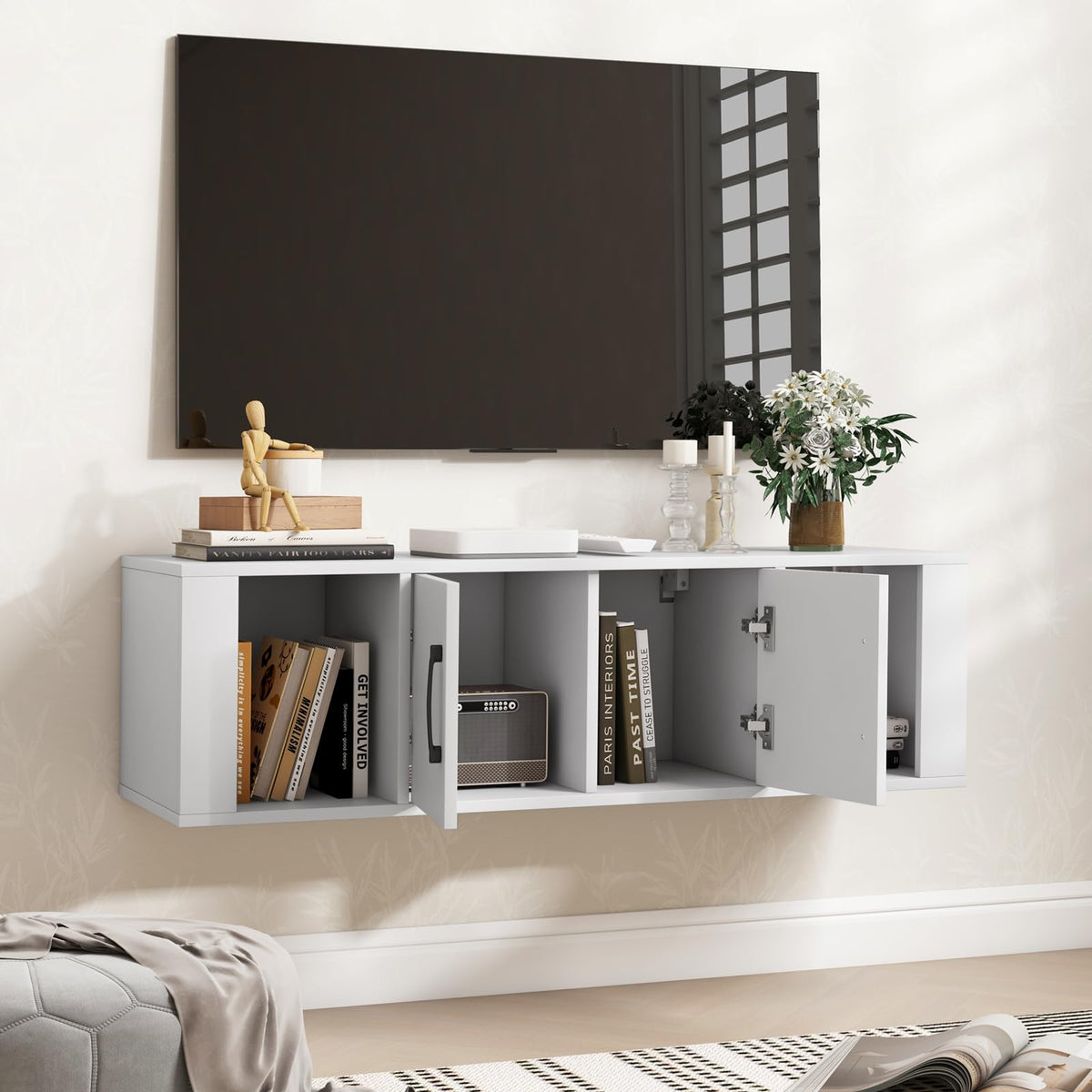 Wall Mounted Storage Cabinet, 2 Cube Floating Desk with Doors, White M706