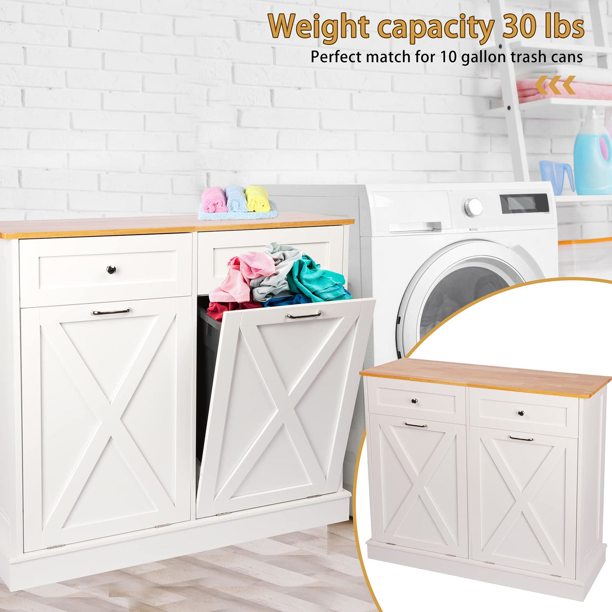 White 2 x 10 Gallon Wooden Tilt Out Trash Can Cabinet X20734