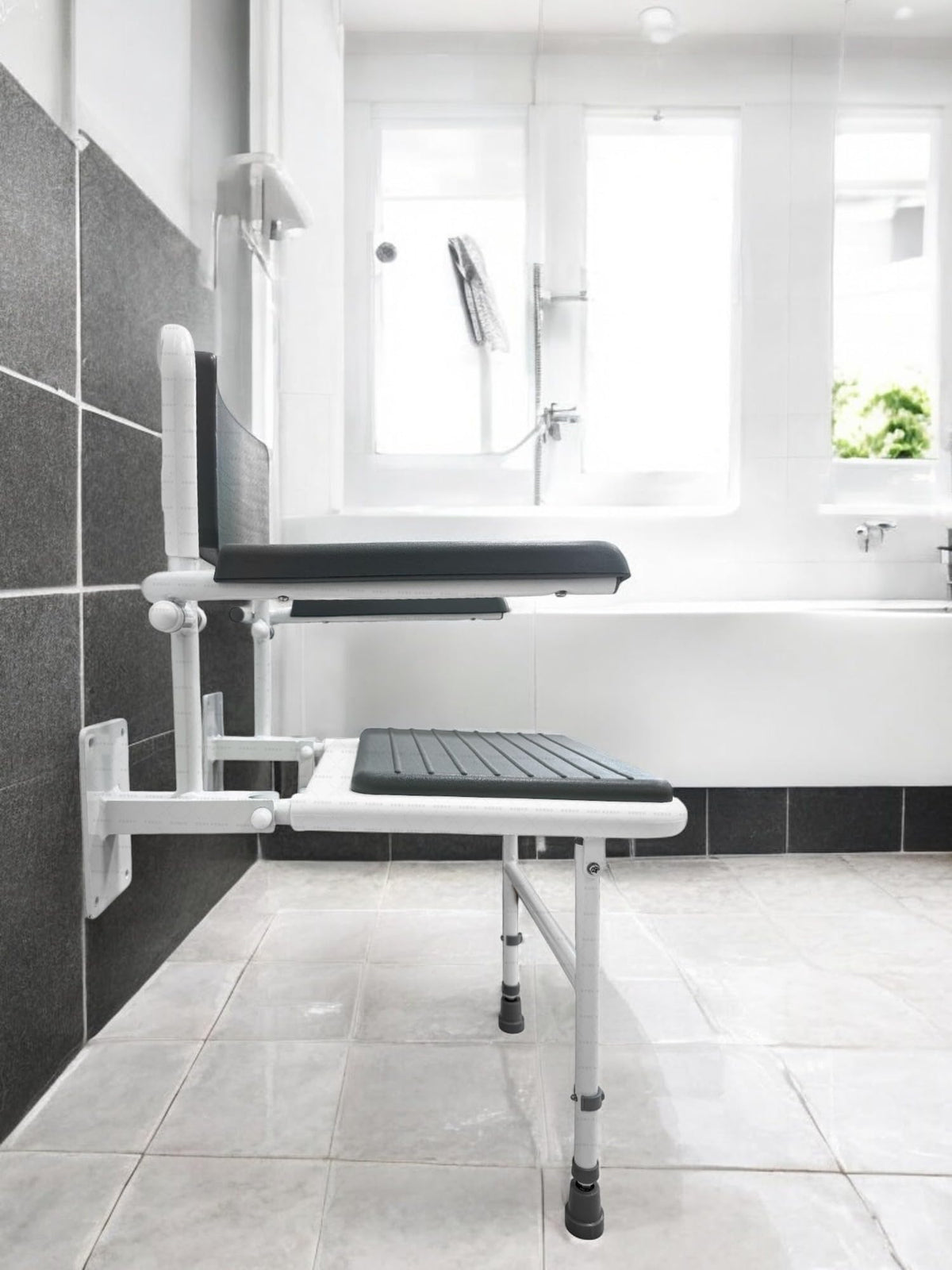 Wall Mounted Foldable Shower Seat with Folding Padded Arms, Back & Seat, Adjustable Height N211589