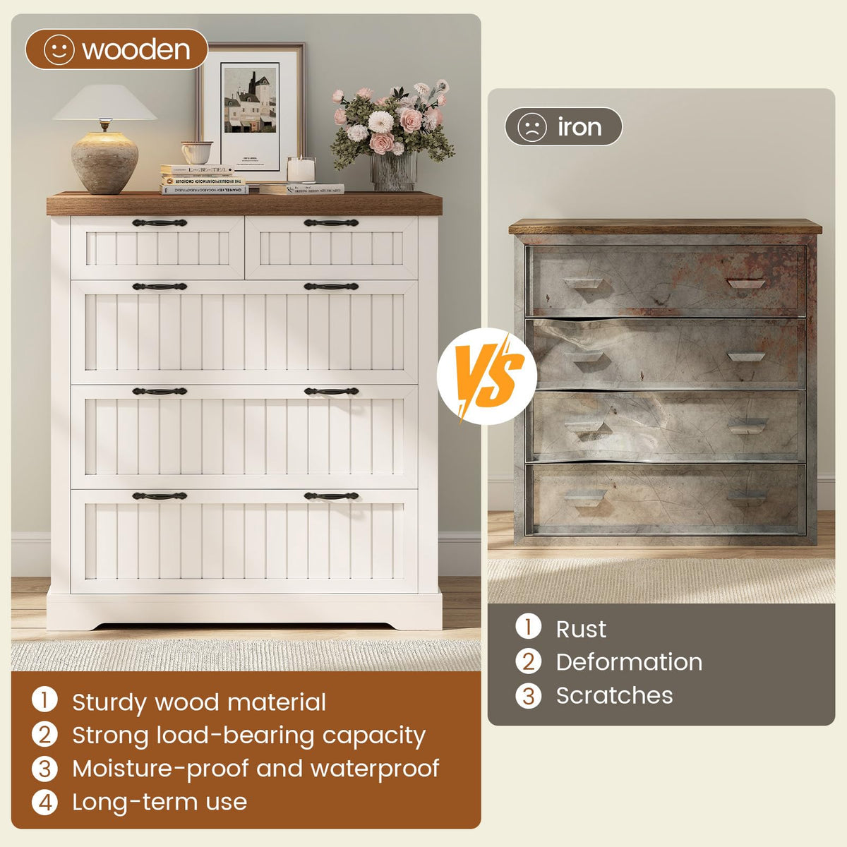 White and Brown 5 Drawer Wood File Cabinet R17713