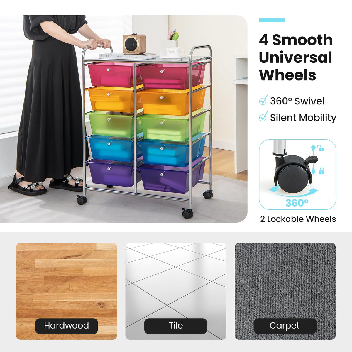 10 Drawer Rolling Storage Cart with Metal Frame N49500