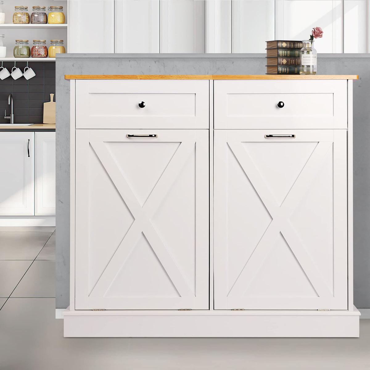 White 2 x 10 Gallon Wooden Tilt Out Trash Can Cabinet X20734