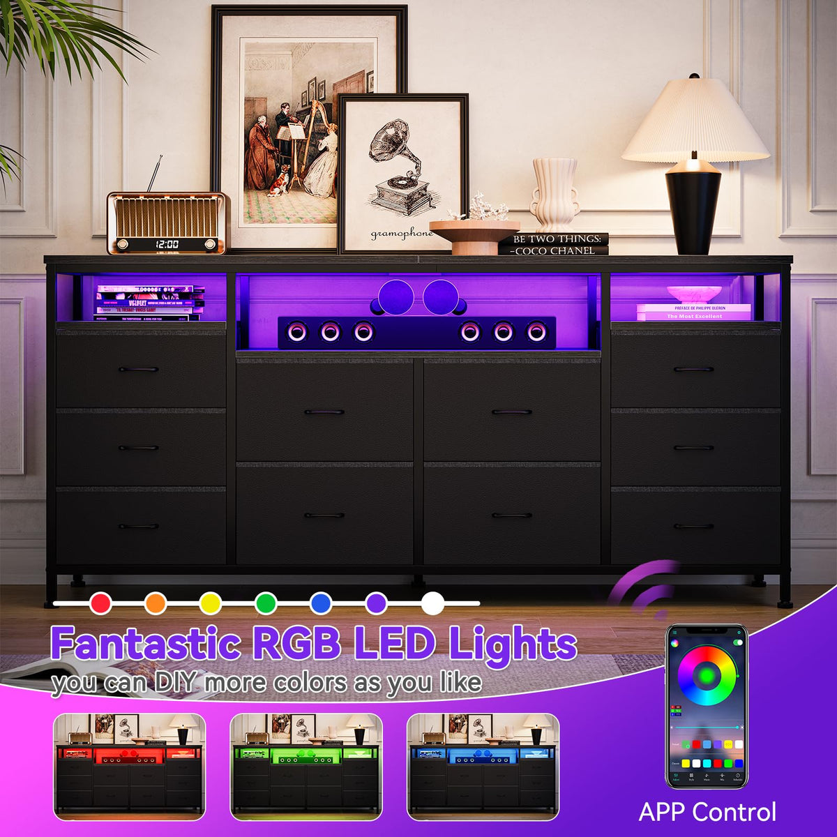 10 Drawer Dresser TV Stand with LED Lights and Power Outlets Y90982