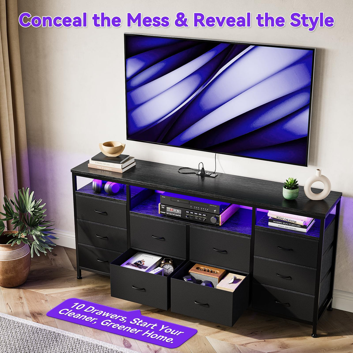 10 Drawer Dresser TV Stand with LED Lights and Power Outlets Y90982