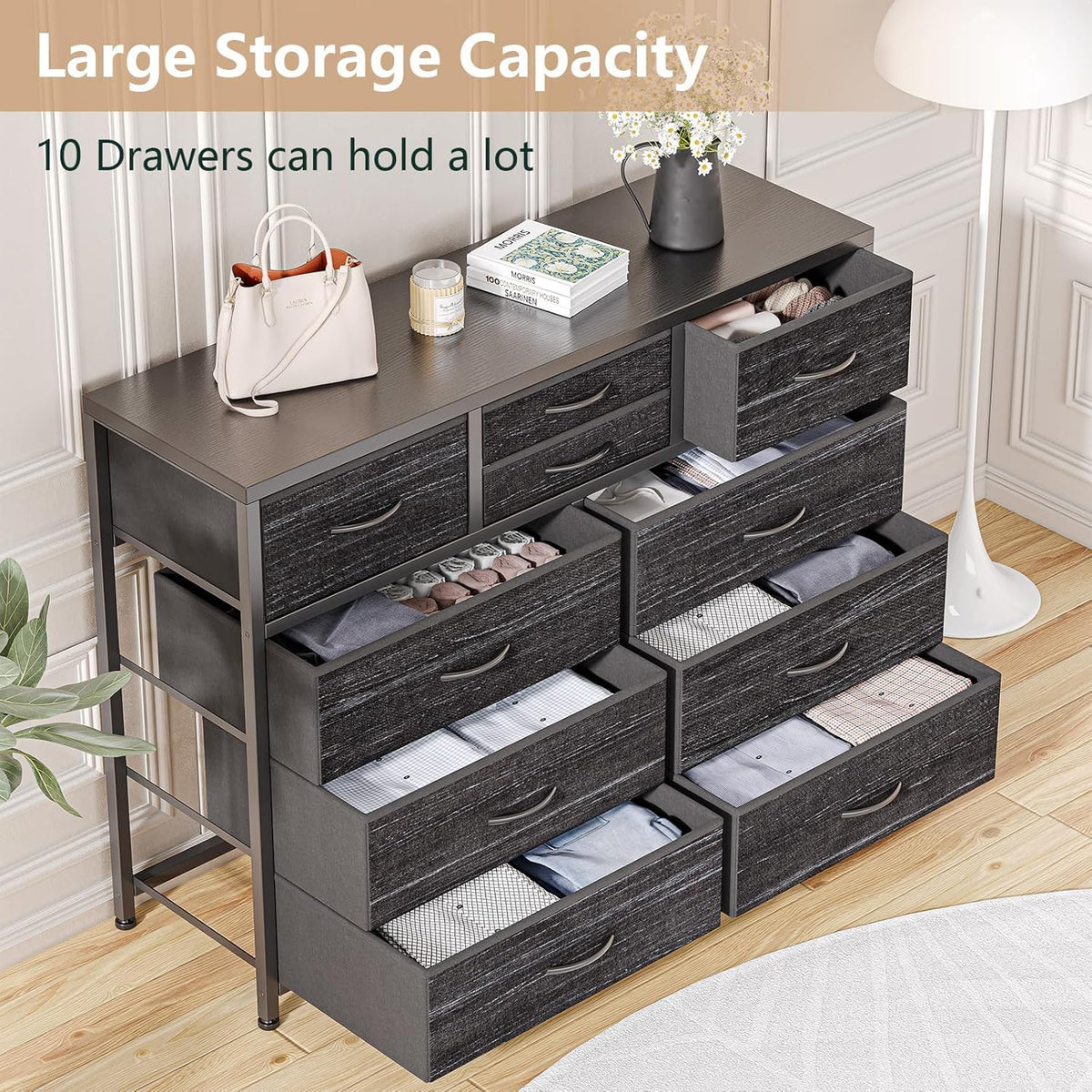 10 Drawer Fabric Dresser with Wood Top R4838