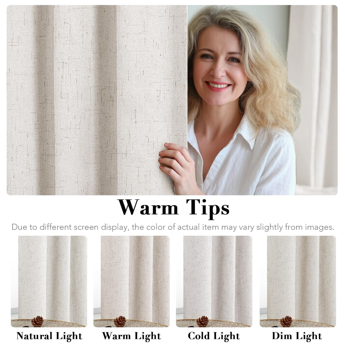 100% Blackout Linen Curtains 84" L 2 Panels Ivory F31438