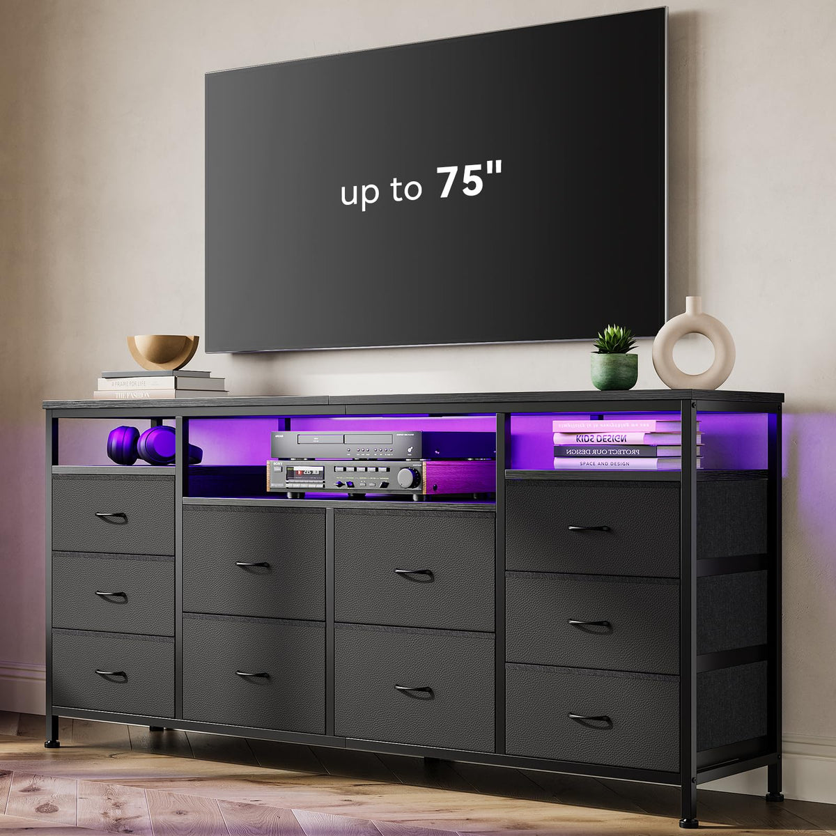 10 Drawer Dresser TV Stand with LED Lights and Power Outlets Y90982